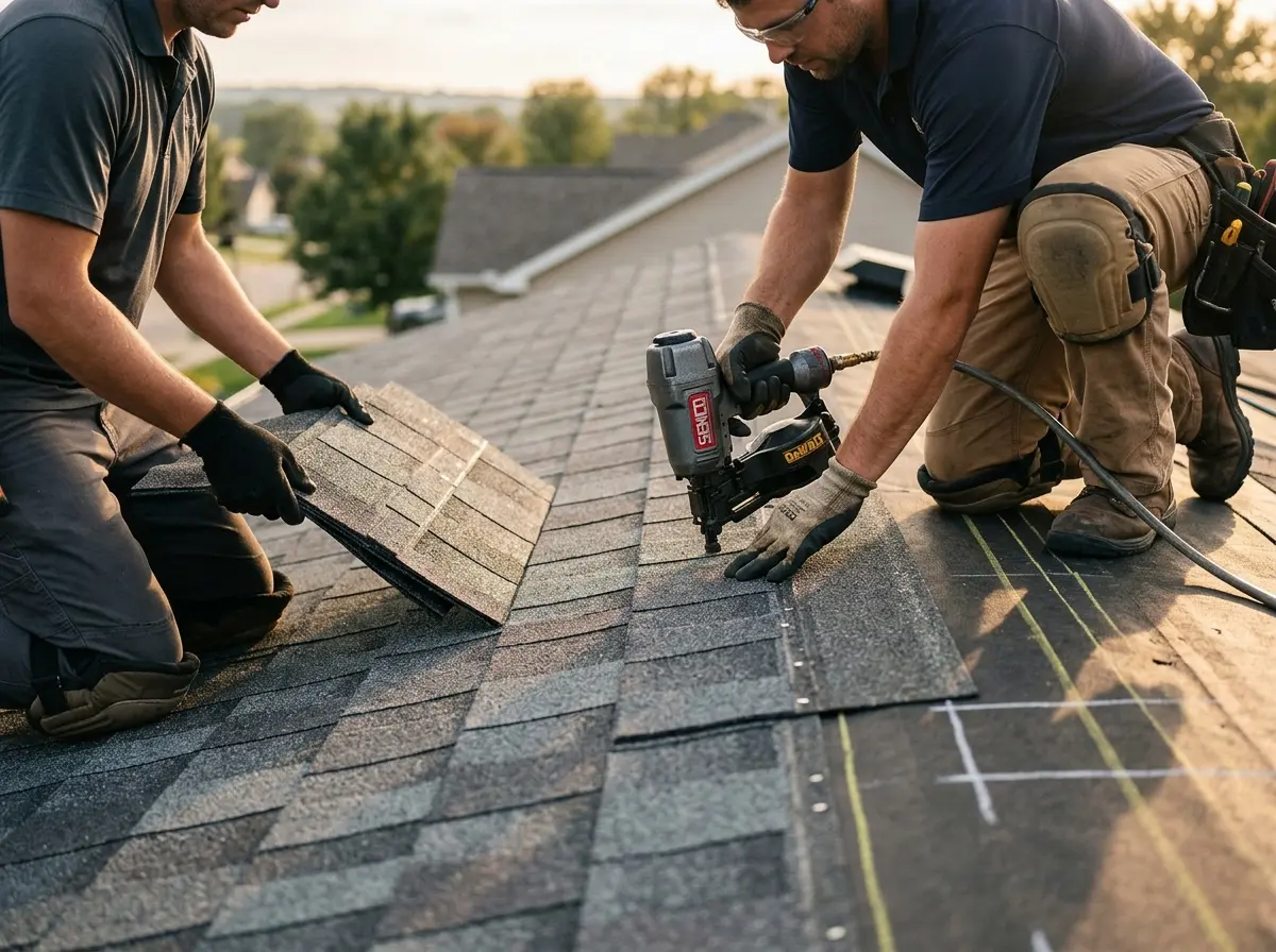 Professional roofer working on a residential roof in Livermore